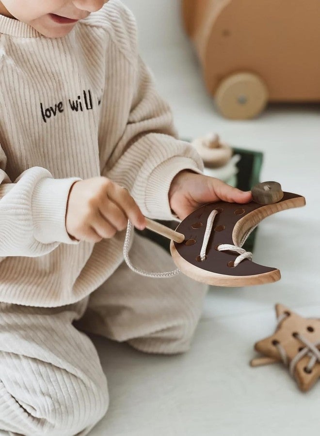 Keebori Wooden Lacing Toy Set, Educational Moon Star Cloud Shapes, Natural Wood Threading Activity with Cord, Montessori Fine Motor Skills Development for Toddlers by KEEBORI (Brown, Star) - Image 3