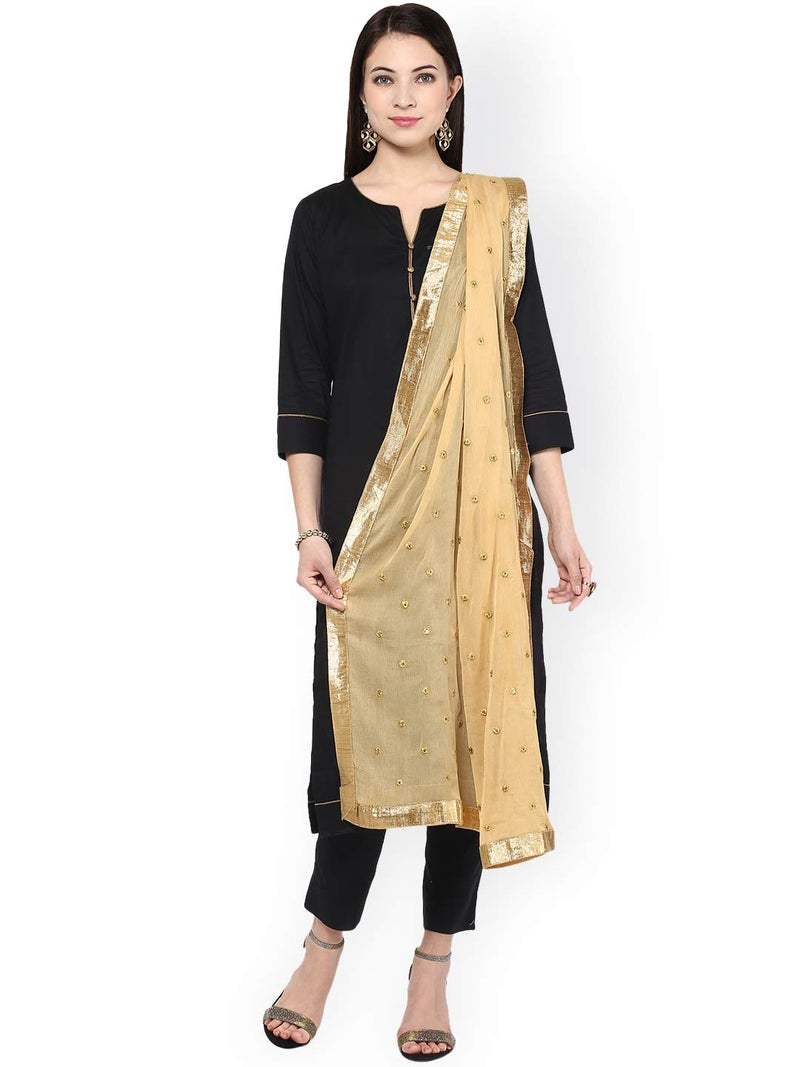 themilestocks Woman's Embroidered Chiffon Dupatta Scarf Shawl Wrap Soft Indian Bridal Wedding (Beige) - Image 1