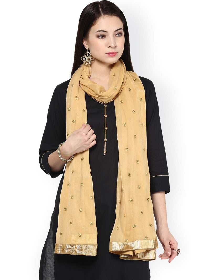 themilestocks Woman's Embroidered Chiffon Dupatta Scarf Shawl Wrap Soft Indian Bridal Wedding (Beige) - Image 2