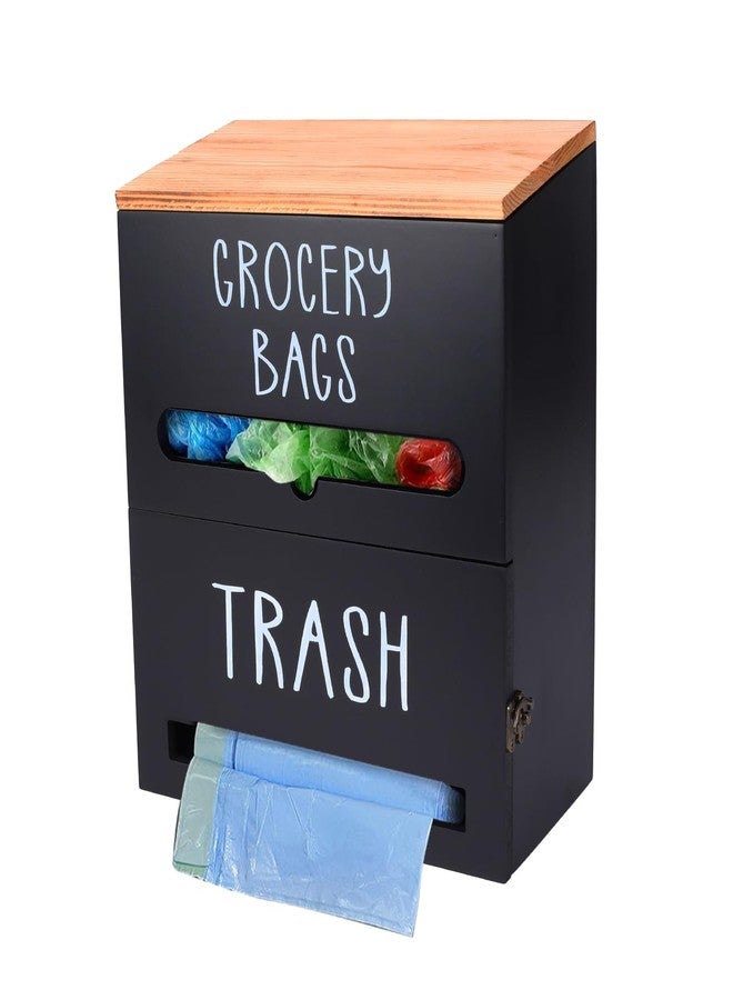 Xbopetda 2 in 1 Trash Bag Holder with Grocery Bag Holder, Wooden Trash Bag Dispenser Wall Mounted, Trash Bag Organizer for Countertop/Under Sink, Garbage Bag Holder Dispenser for Plastic Bags, Black - Image 1
