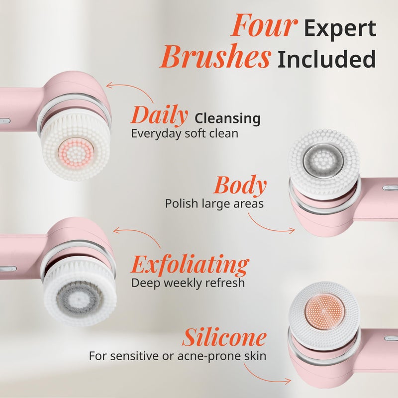 Vanity Planet Raedia 2.0 Facial Cleansing Brush, 4 Interchangeable Brush Heads, Pink - Daily Cleansing Face Exfoliator for Glowing & Acne Prone Skin - Lightweight Silicone Water-Resistant Body Brush - Image 5