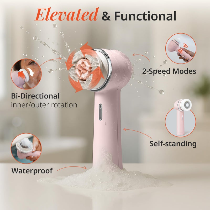 Vanity Planet Raedia 2.0 Facial Cleansing Brush, 4 Interchangeable Brush Heads, Pink - Daily Cleansing Face Exfoliator for Glowing & Acne Prone Skin - Lightweight Silicone Water-Resistant Body Brush - Image 3