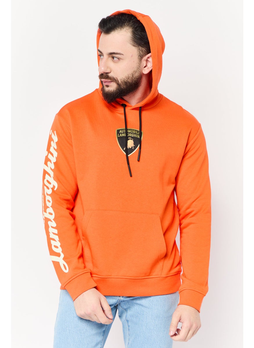 LAMBORGHINI Men Brand Logo Long Sleeves Hoodie, Orange  - Image 1