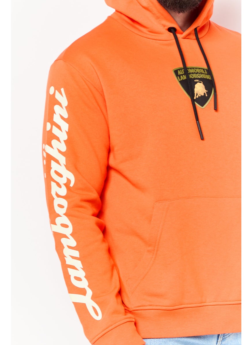 LAMBORGHINI Men Brand Logo Long Sleeves Hoodie, Orange  - Image 3