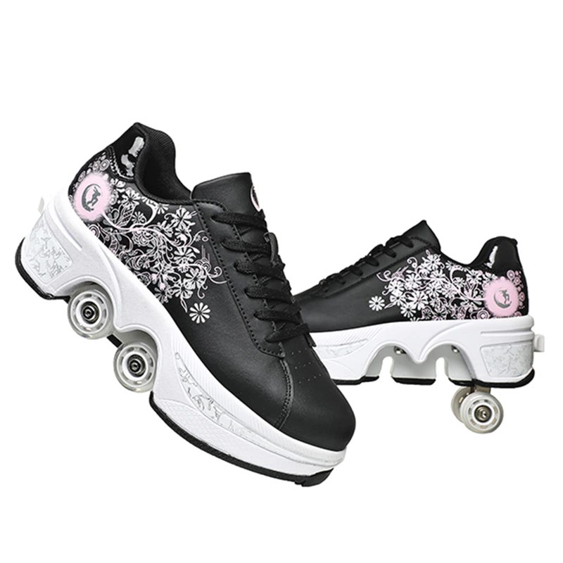 Deformation Roller Skates زلاجات رولر قابلة للتشكيل، أحذية زلاجات، أحذية مزودة بعجلات، زلاجات انلاين، أحذية نسائية قابلة للتعديل مزودة بعجلات للفتيات (34، أسود وردي) - Image 1