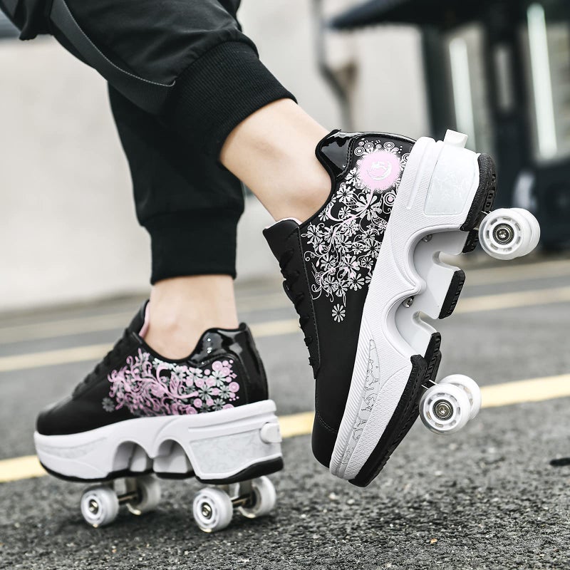 Deformation Roller Skates زلاجات رولر قابلة للتشكيل، أحذية زلاجات، أحذية مزودة بعجلات، زلاجات انلاين، أحذية نسائية قابلة للتعديل مزودة بعجلات للفتيات (34، أسود وردي) - Image 2
