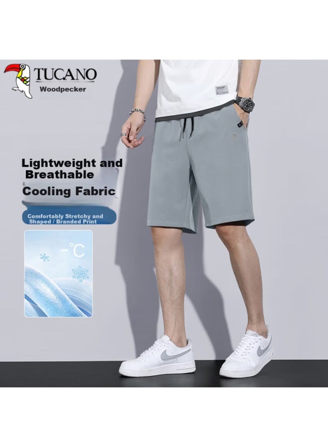 Tucano Men's Lightweight Elastic Ice Silk Casual Shorts Loose Straight Solid Color Sports Shorts Light Gray M - Image 1