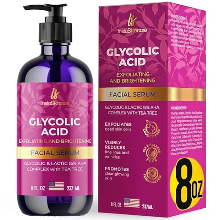 InstaSkincare Glycolic Acid Serum for Face 15% Strength - Extra Large Size (8Oz) - Advanced Formula for Enhancing Skin Radiance, Texture Improvement, Addressing Uneven Tone & Fine Lines - Image 1
