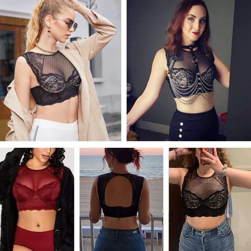 DOBREVA Women's Lace Corset Top Sexy Bralette Bustier Bra Underwire Plus Size Crop Top Black_Beige 32A - Image 2