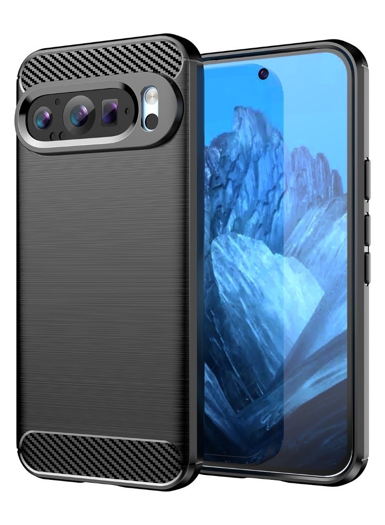 Google Pixel 9 5G  Rugged Shield Cover – Black. Brushed carbon fiber texture, shockproof TPU, anti-slip, slim, and lightweight for durable protection. - Image 1