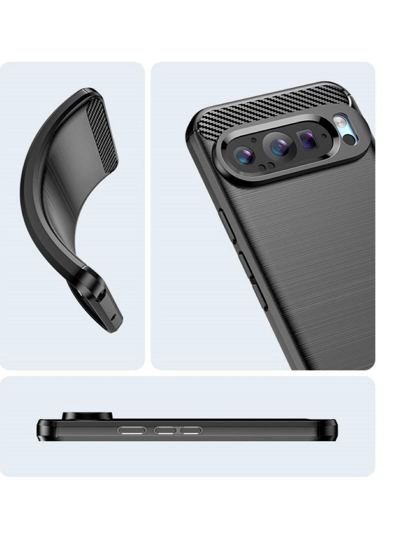 Google Pixel 9 5G  Rugged Shield Cover – Black. Brushed carbon fiber texture, shockproof TPU, anti-slip, slim, and lightweight for durable protection. - Image 2
