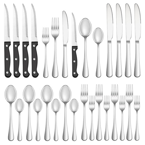 MUTNITT 24 Pcs Silverware Set with Steak Knives Service for 4,Stainless Steel Flatware Set,Mirror Polished Cutlery Utensil Sets,Home Kitchen Eating Tableware Sets,Include Fork Knife Spoon,Dishwasher Safe - Image 1