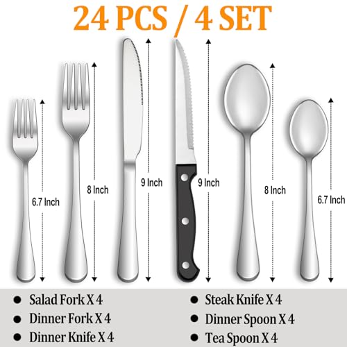 MUTNITT 24 Pcs Silverware Set with Steak Knives Service for 4,Stainless Steel Flatware Set,Mirror Polished Cutlery Utensil Sets,Home Kitchen Eating Tableware Sets,Include Fork Knife Spoon,Dishwasher Safe - Image 2