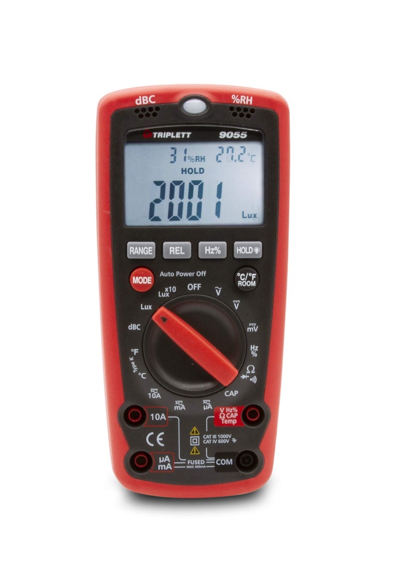 Triplett 9055 6-in-1 4000 Digital Multimeter and Multi-Tester - Sound, Light, Humidity, Temperature, AC/DC Voltage and Current, Resistance, Continuity, Diode Test, Capacitance, Frequency, Duty Cycle - Image 1