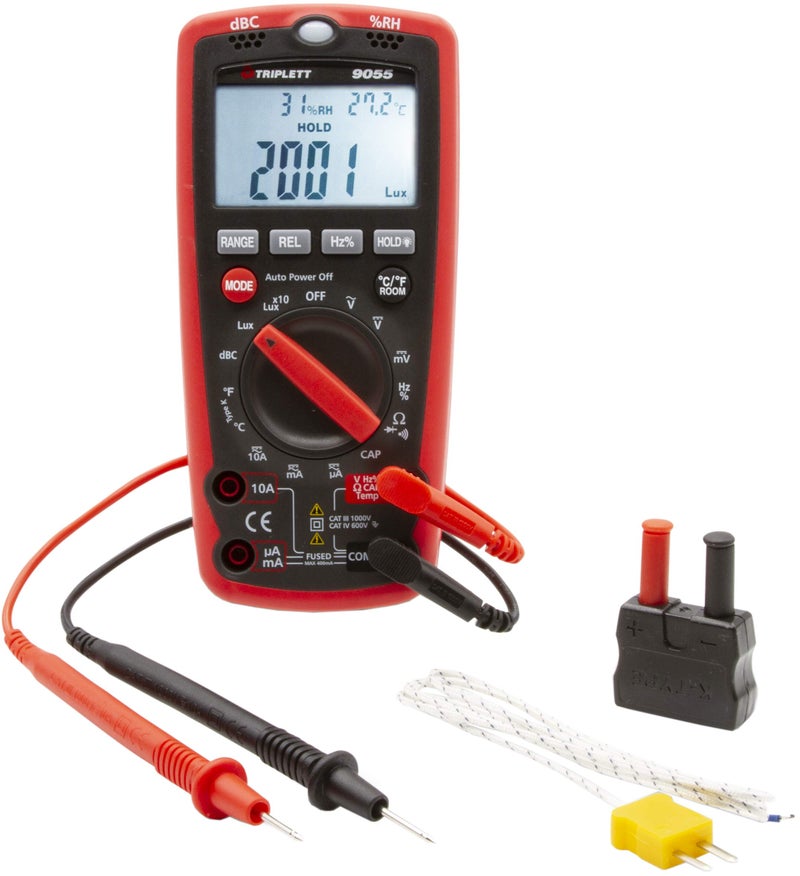 Triplett 9055 6-in-1 4000 Digital Multimeter and Multi-Tester - Sound, Light, Humidity, Temperature, AC/DC Voltage and Current, Resistance, Continuity, Diode Test, Capacitance, Frequency, Duty Cycle - Image 2