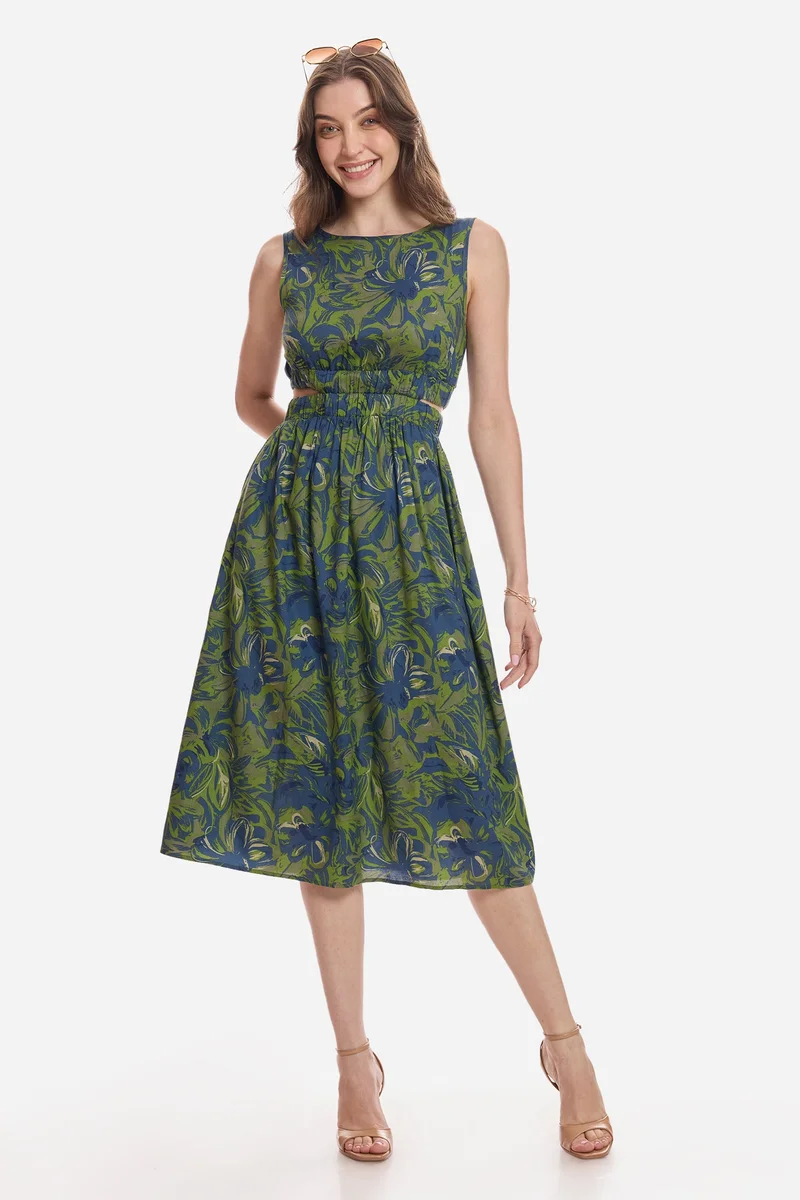 فيرجيو Floral Cotton Waist Cut Out Midi Dress for Women