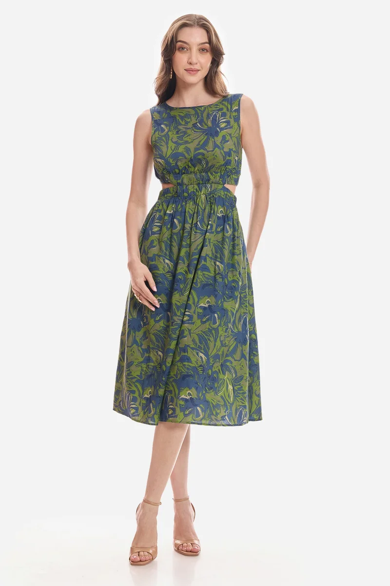 فيرجيو Floral Cotton Waist Cut Out Midi Dress for Women