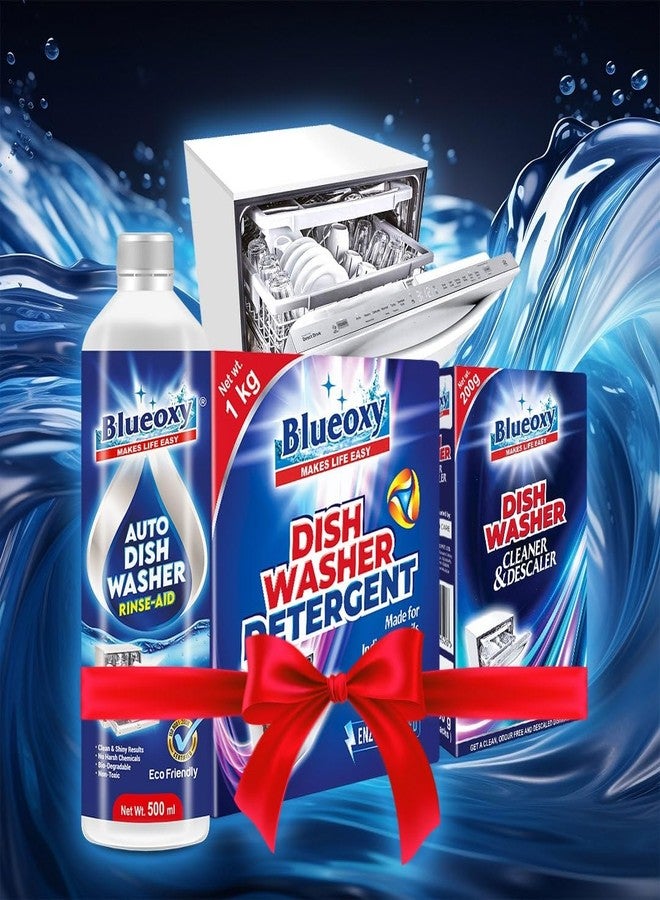 Blueoxy Dishwasher Detergent 1Kg + Auto Dishwasher Rinse Aid 500 ml + Dish Washer Cleaner & Descaler 200g (Combo Pack of 3) - Image 1