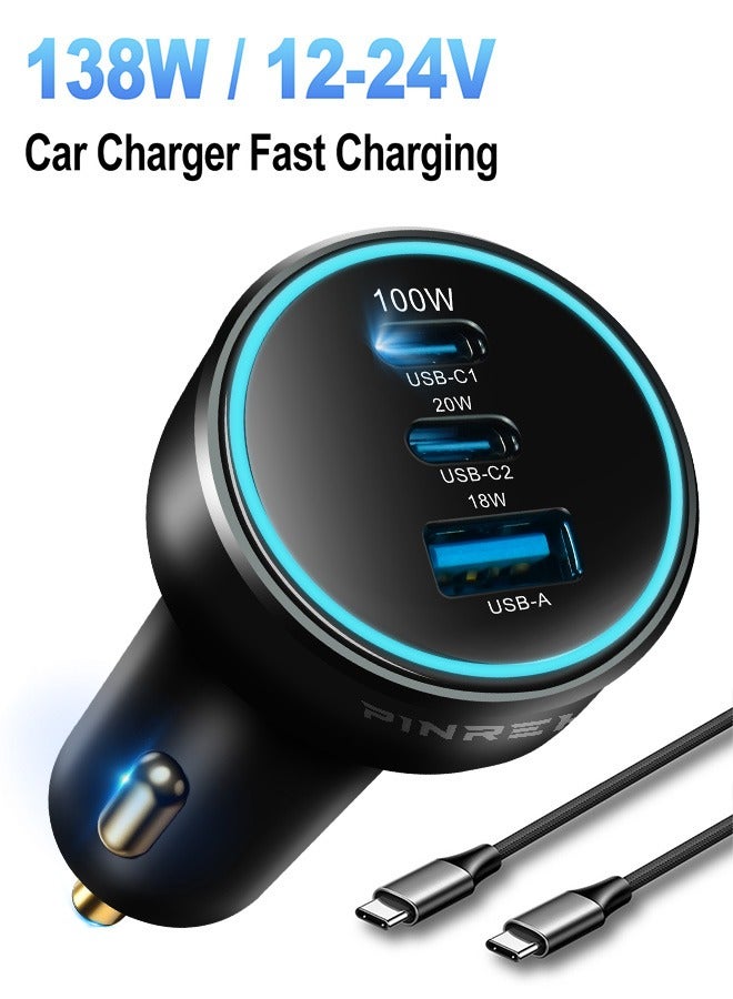 بينريك شاحن سيارة USB C بقوة 138 وات، محول شاحن سيارة PD من النوع C، محول شاحن هاتف سريع الشحن لهاتف iPhone 15 و15 Pro Max وGalaxy S24 Ultra وiPad وMacBook وHuawei والمزيد (مع كابل USB C بقوة 100 وات) - Image 1