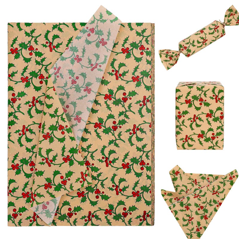 Whaline 100 Sheets Christmas Tissue Paper Xmas Holy Leaves Red Berries Printed Gift Wrapping Paper Rustic Kraft Art Tissue Paper for Christmas DIY Crafts Gift Bags Winter Party Decor 138 x 197
