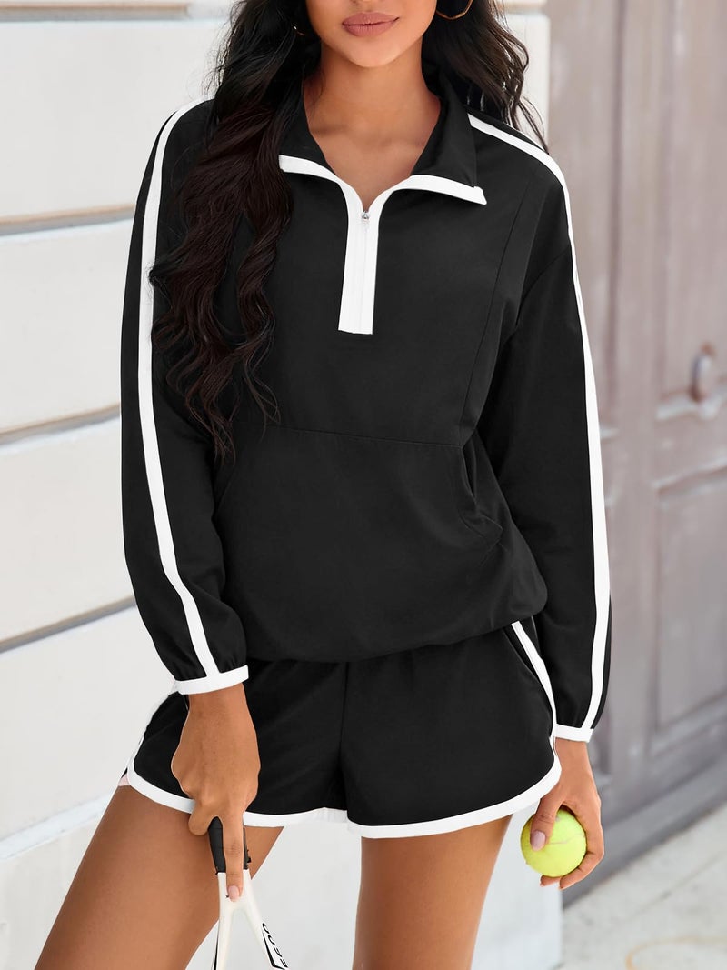 Fisoew Womens 2 Piece Outfits Sets Half Zip V Neck Long Sleeve Pullover Tops Shorts Casual Tennis Running Tracksuits - Image 2