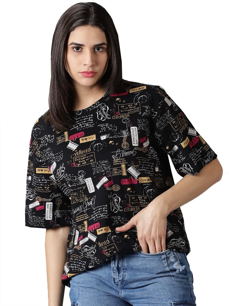 RodZen Oversized Pure Cotton Round Neck All Over Printed T-Shirt for Womens/Girls (Black, 2XL) - Image 1