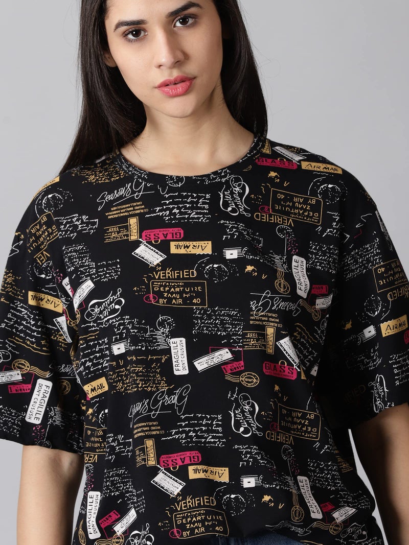 RodZen Oversized Pure Cotton Round Neck All Over Printed T-Shirt for Womens/Girls (Black, 2XL) - Image 3