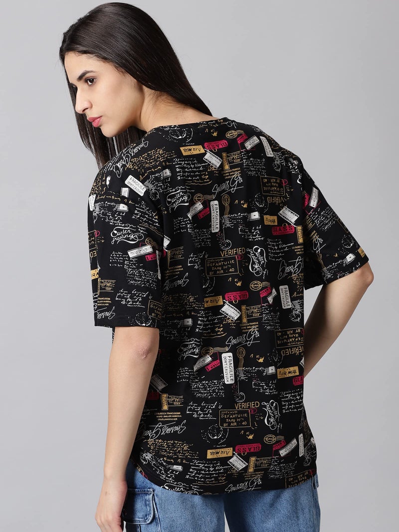 RodZen Oversized Pure Cotton Round Neck All Over Printed T-Shirt for Womens/Girls (Black, 2XL) - Image 2