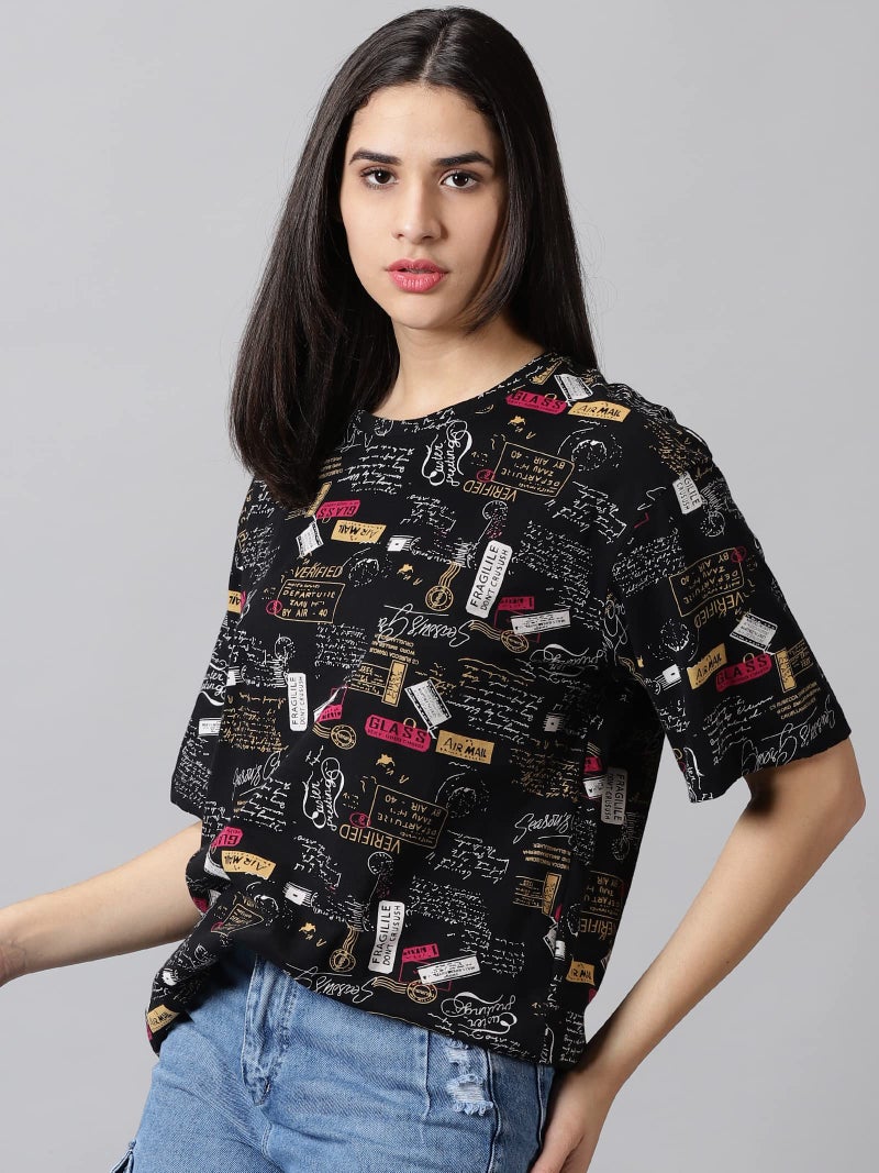 RodZen Oversized Pure Cotton Round Neck All Over Printed T-Shirt for Womens/Girls (Black, 2XL) - Image 4