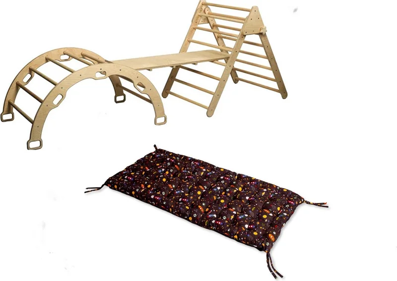 Kidoppo Pikler Climbing Set and Pillow | Montessori Set of 3 | Arch + Triangle + Stair Ramp + Space Pattern Pillow