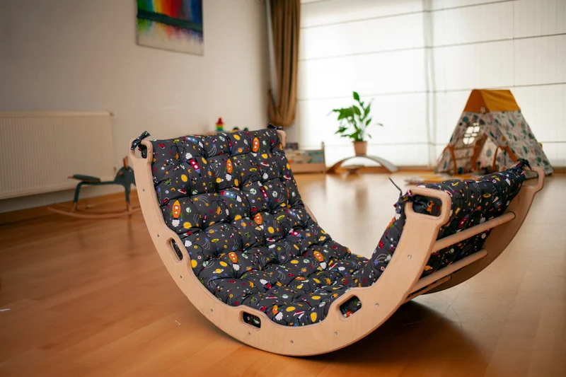 Kidoppo Pikler Climbing Set and Pillow | Montessori Set of 3 | Arch + Triangle + Stair Ramp + Space Pattern Pillow