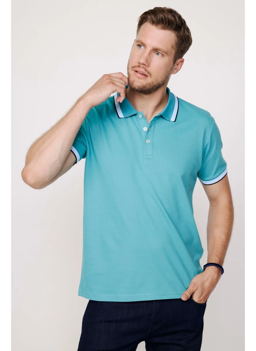 تودورس Men's Polo Neck Slim Fit Collar and Sleeve Striped Pique Turquoise T-Shirt