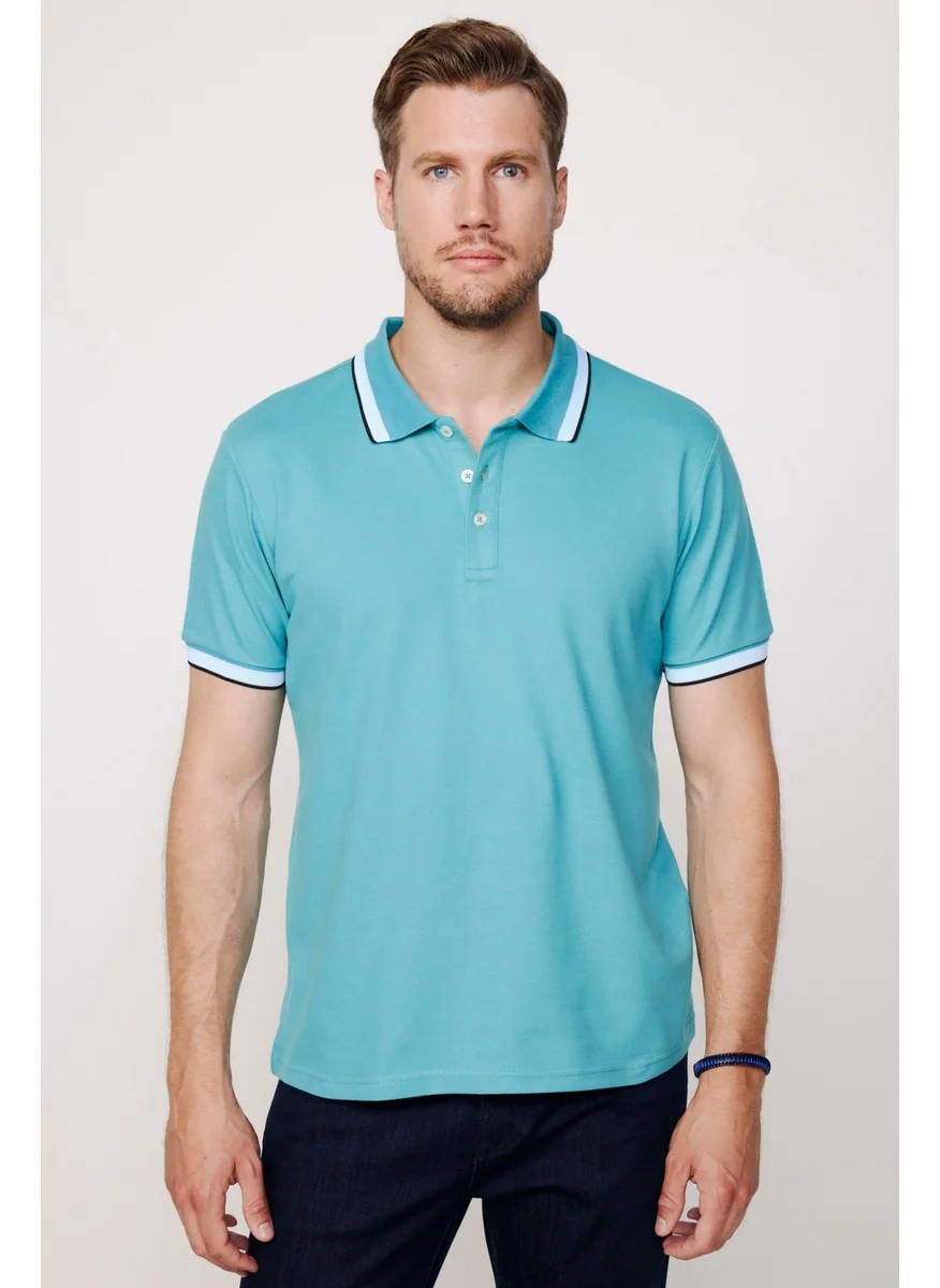 تودورس Men's Polo Neck Slim Fit Collar and Sleeve Striped Pique Turquoise T-Shirt