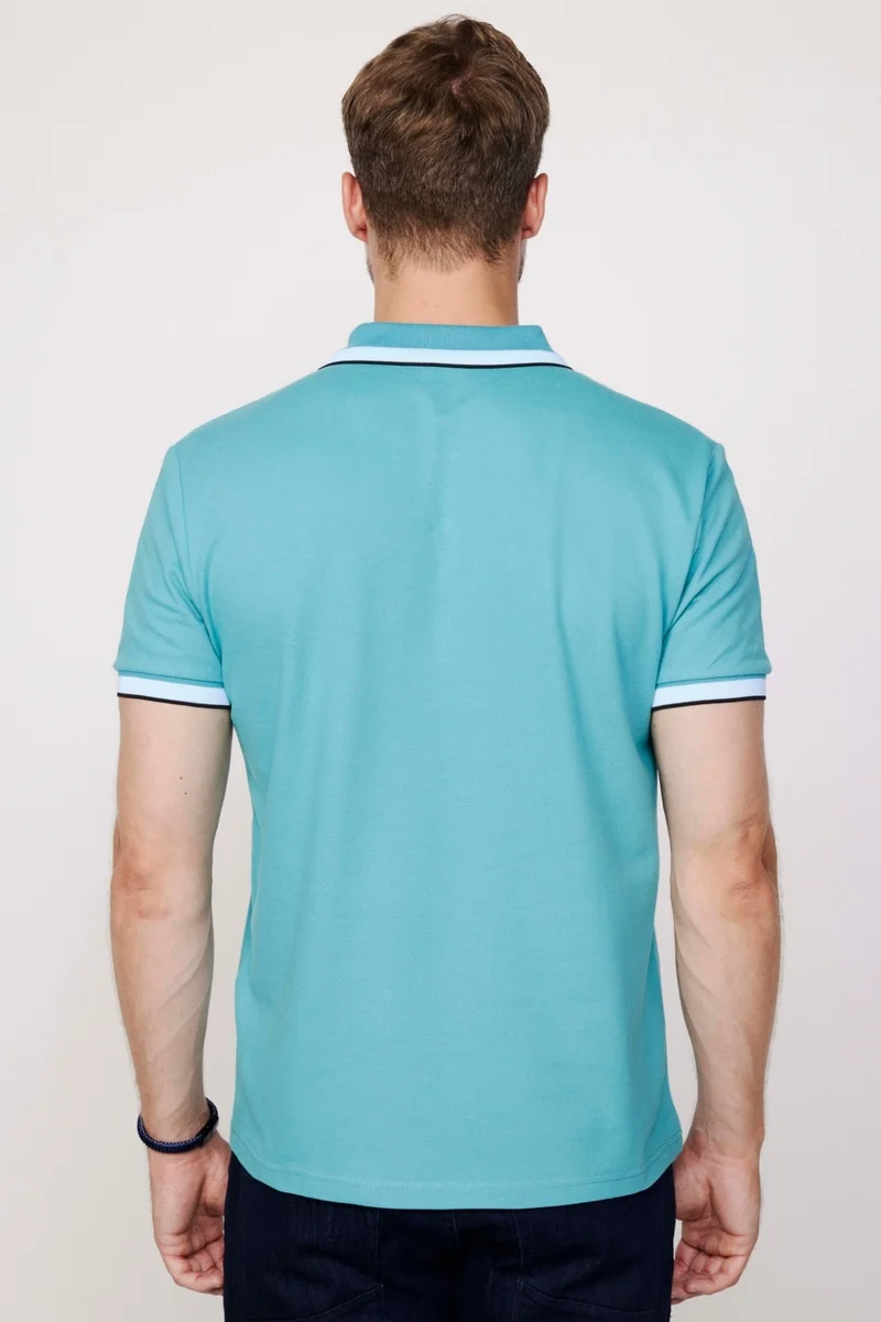 Tudors Men's Polo Neck Slim Fit Collar and Sleeve Striped Pique Turquoise T-Shirt