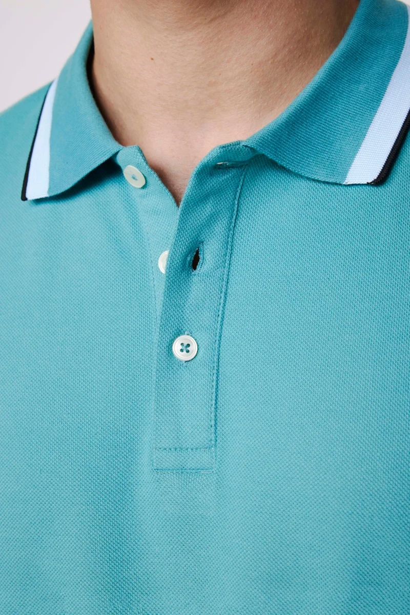Tudors Men's Polo Neck Slim Fit Collar and Sleeve Striped Pique Turquoise T-Shirt