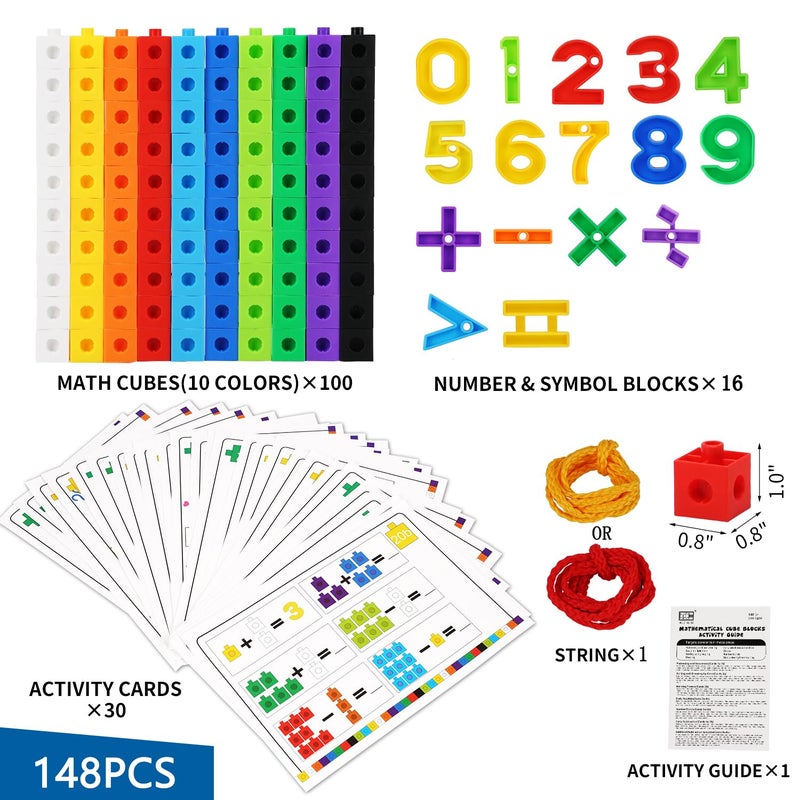 Math Cubes, STEM Toy Learning Math Games Number Blocks for Kids 3 4 5 6 7 8+ Years Old Math Manipulatives 100 Snap Cubes Gift Toys for Toddler Kids Girl Boys Educational Toys Building Blocks 148PCS  - Image 2