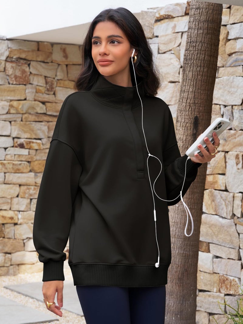 Fisoew Womens Oversized Sweatshirts Casual Long Sleeve Snap Button Henley Neck Loose Fit Fall Pullover Tops Black - Image 5