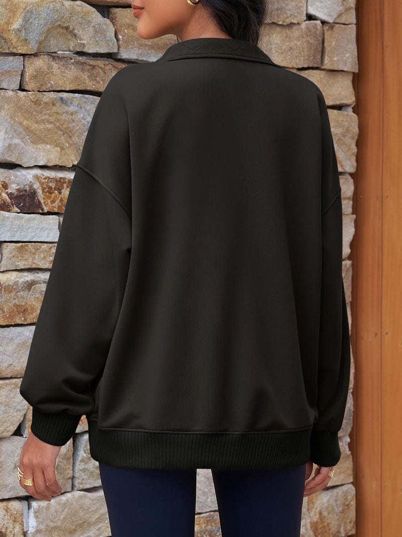 Fisoew Womens Oversized Sweatshirts Casual Long Sleeve Snap Button Henley Neck Loose Fit Fall Pullover Tops Black - Image 4