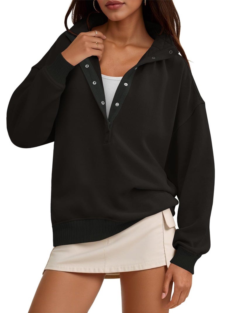 Fisoew Womens Oversized Sweatshirts Casual Long Sleeve Snap Button Henley Neck Loose Fit Fall Pullover Tops Black - Image 1