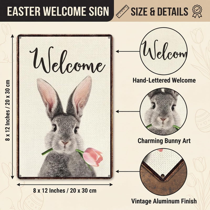 Smilelife Funny Bunny Tulip Welcome Vintage Tin Sign for Home Room Yard Garden Party Spring Decor 8 x12 Inch (3093) - Image 2
