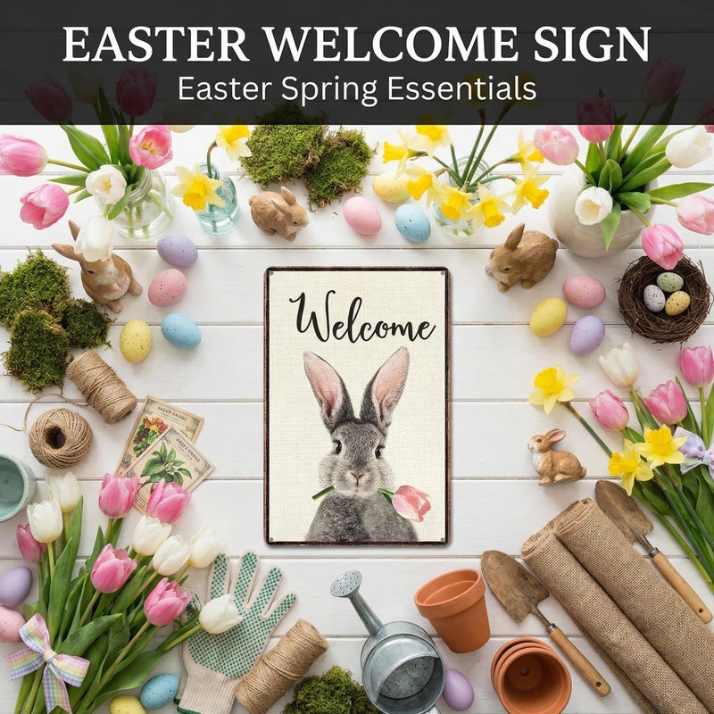 Smilelife Funny Bunny Tulip Welcome Vintage Tin Sign for Home Room Yard Garden Party Spring Decor 8 x12 Inch (3093) - Image 4