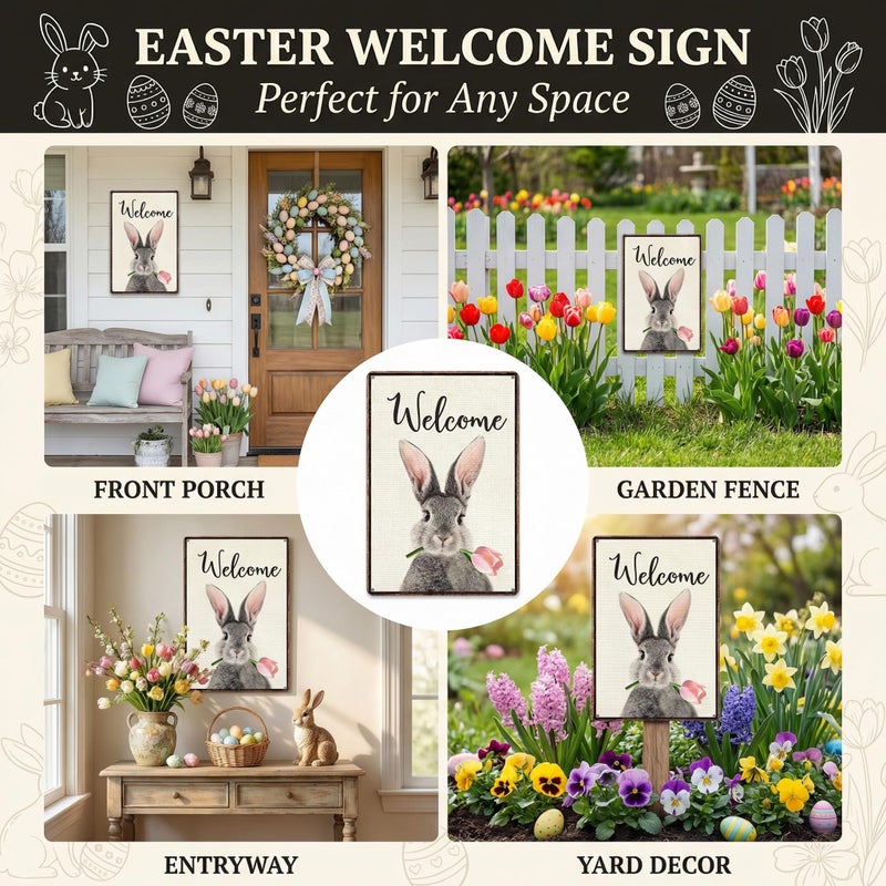 Smilelife Funny Bunny Tulip Welcome Vintage Tin Sign for Home Room Yard Garden Party Spring Decor 8 x12 Inch (3093) - Image 3