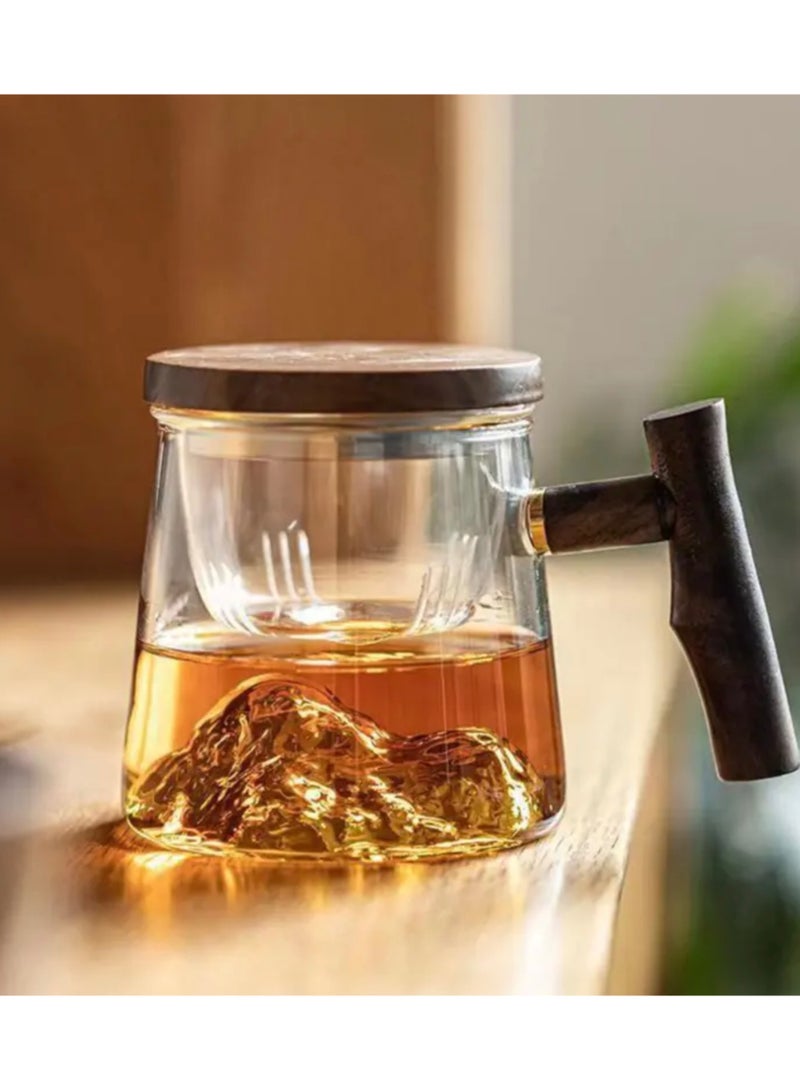 Glass Mug With Wooden Handle With Infuser And Lid, Tea Infuser Cup For Steeping Loose Leaf Tea (400ml)  - Image 5