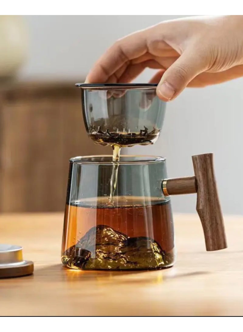 Glass Mug With Wooden Handle With Infuser And Lid, Tea Infuser Cup For Steeping Loose Leaf Tea (400ml)  - Image 4
