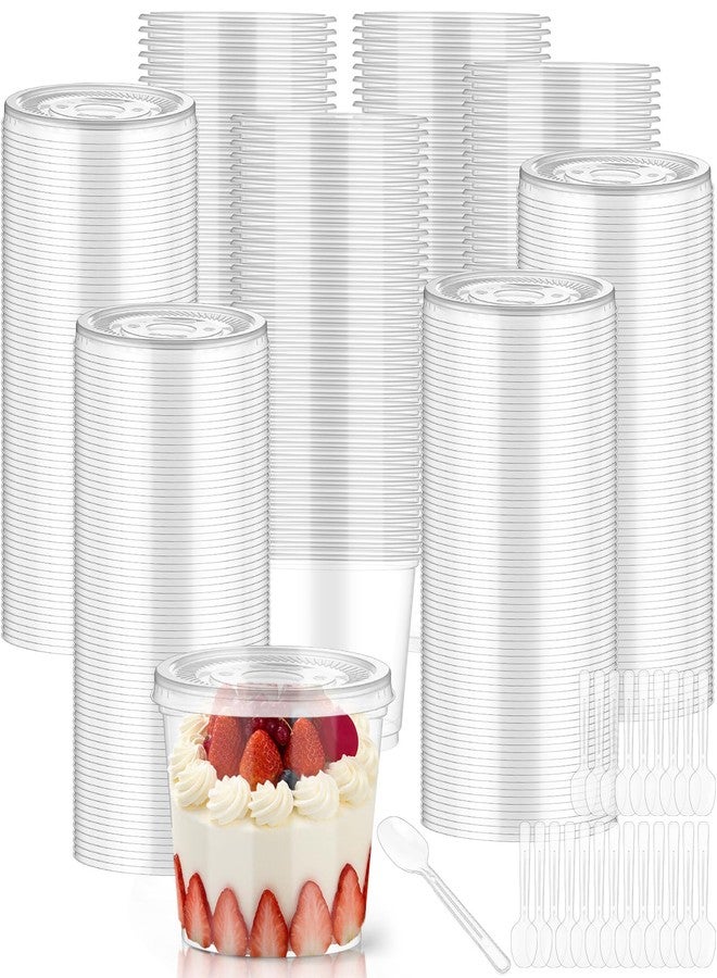 Jingmore 400 Pcs 9 oz Plastic Dessert Cups with Lids,200 Pcs Clear Disposable Parfait Fruit Cups and 200 Spoons,Appetizer Party Containers for Yogurt Puddings Ice Creams Cake Cold Drink (Flat) - Image 1