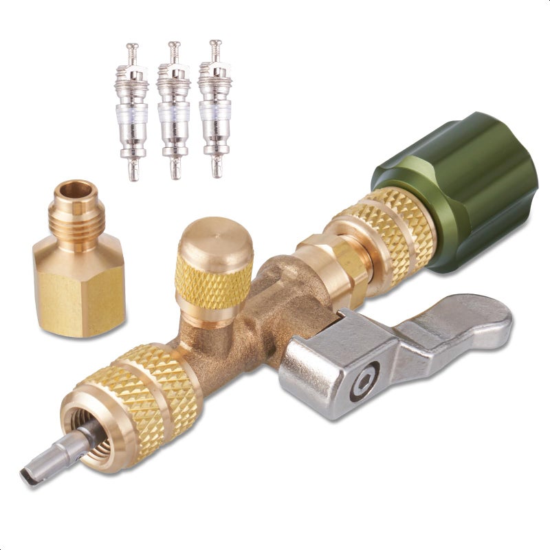 Hong Sen Valve Core Removal Tool for HVAC HS1430 AC Schrader Valve Tool with Dual Size SAE 14 and 516 Port Brass Adapter Compatible with R22 R12 R410 R32 R404 R407 R507