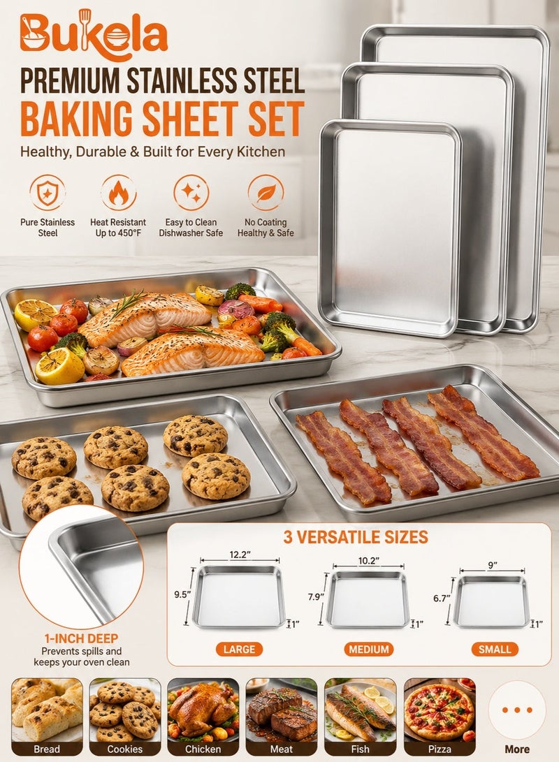 Bukela Baking Sheets Set of 3, Baking Sheet Pan for Toaster Oven, Stainless Steel Cookie Sheets for Baking, 9/10/12 Inch Baking Tray, Rust-free & Dishwasher Safe (Silver) - Image 1