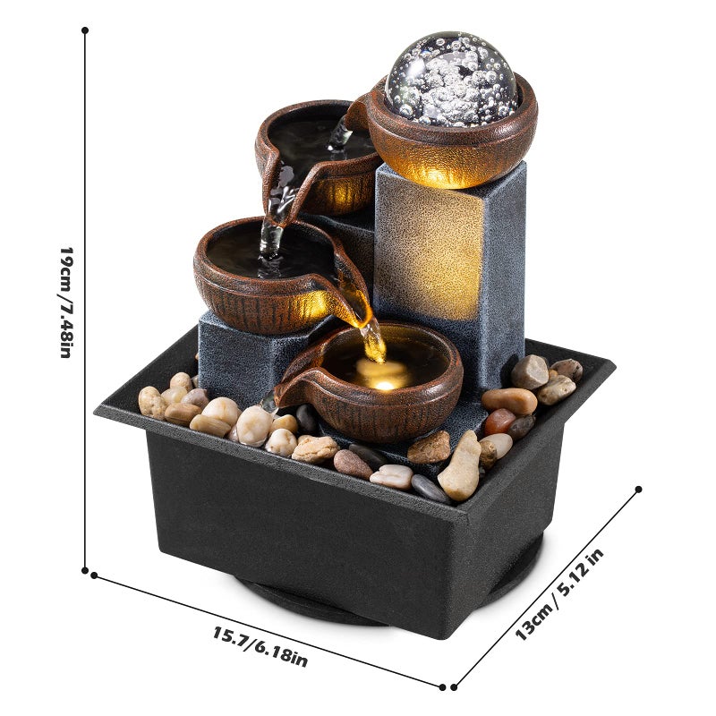 AMOOTEK Tabletop Fountain 4 Level Tabletop Waterfall Indoor Meditation Fountain Office Home Relax Desktop Waterfall Includes Many Natural River Rocks LED Lights Bubble Ball Great Choice as Festival Gifts - Image 2
