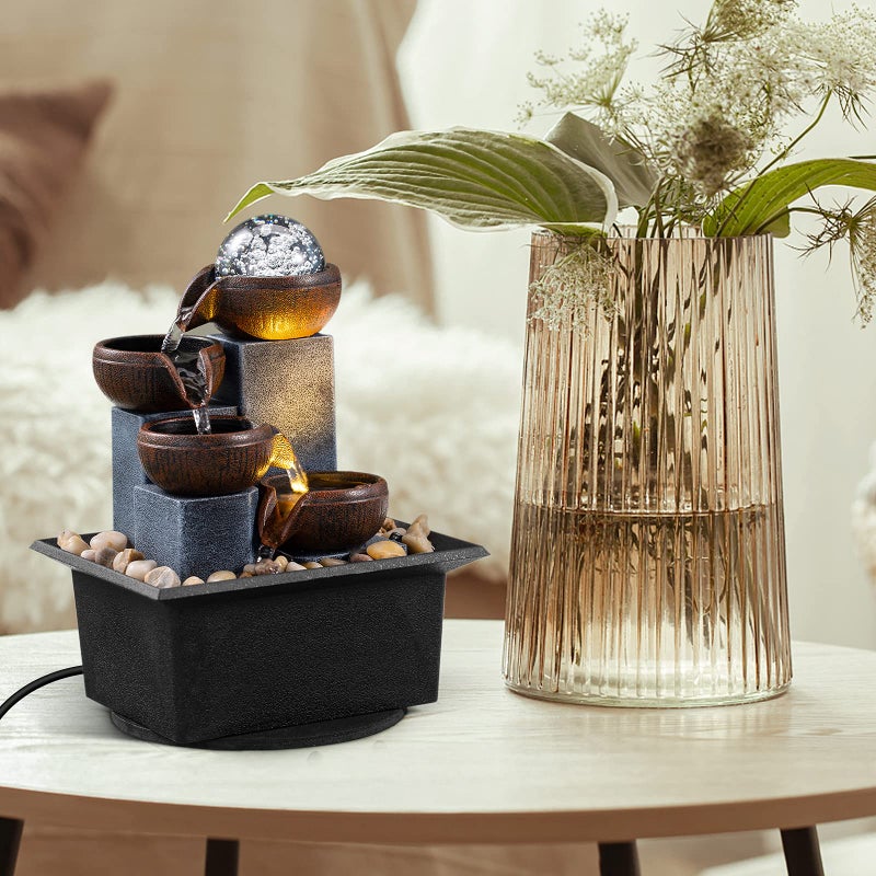 AMOOTEK Tabletop Fountain 4 Level Tabletop Waterfall Indoor Meditation Fountain Office Home Relax Desktop Waterfall Includes Many Natural River Rocks LED Lights Bubble Ball Great Choice as Festival Gifts - Image 4