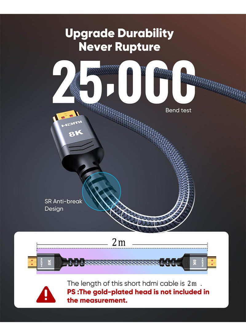 كابل HDMI 2.1 بدقة 8K بطول مترين، سلك HDMI عالي السرعة، بدقة 48 جيجابت في الثانية، 8K بتردد 60 هرتز، 4K بتردد 240 هرتز/144 هرتز/120 هرتز، يدعم eARC/Dolby/HDR 10+/HDCP 2.2 و2.3، متوافق مع أجهزة إكس بوكس ​​سيريس إكس/سامسونج/إل جي 8K/المسرح المنزلي، تلفزيون روكو/HDTV/بلو راي (رمادي) - Image 5